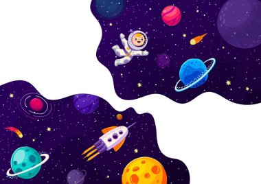 Space banner, cartoon astronaut and starship in galaxy space planets, vector background. Kid spaceman and spaceship in outer space, galaxy world with rockets in galactic starry sky and alien planets clipart