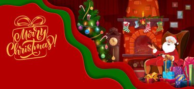 Noel kâğıdı Noel Baba 'yı şöminenin ve süslü çam ağacının yanında kesti. Üç boyutlu tebrik kartı katmanlı çerçeveli, Peder Noel şenlikli bir gecede evinde sandalyeye uzanmış rahatlıyor. Xmas arifesi kutlaması