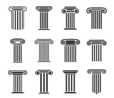 Antik Yunan sütunları ve sütunları. Yasal, avukat, hukuk bürosu ikonu. İşletme, mimarlık bürosu vektör amblemi, adliye binası, antik Yunan Korint sütunlarıyla tarih müzesi sembolü