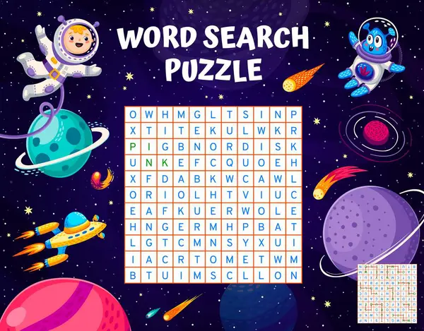 Word Search Puzzle Game Cartoon Space Characters Planets Spaceships Vector — Stock Vector