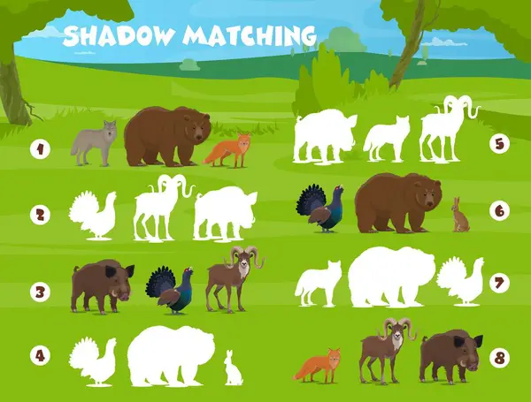Shadow Matching Game Forest Hunting Animals Birds Vector Kids Quiz — Stock Vector