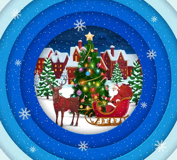 クリスマス紙は 眠りと冬の町にサンタとバナーをカットしました ベクター3Dペーパーカットは おかしな父ノエルが装飾された松の木とコテージの前でデカソリに座って 円形のフレームを層にしました Xmas Eve — ストックベクタ