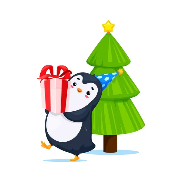 Γελοιογραφία Χαριτωμένο Αστείο Χαρακτήρα Πιγκουίνος Δώρο Από Μια Εορταστική Έλατο — Διανυσματικό Αρχείο