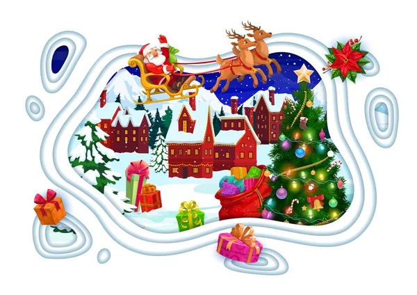Julpapper Skära Gratulationskort Med Flygande Santa Släde Och Vinter Stadslandskap — Stock vektor