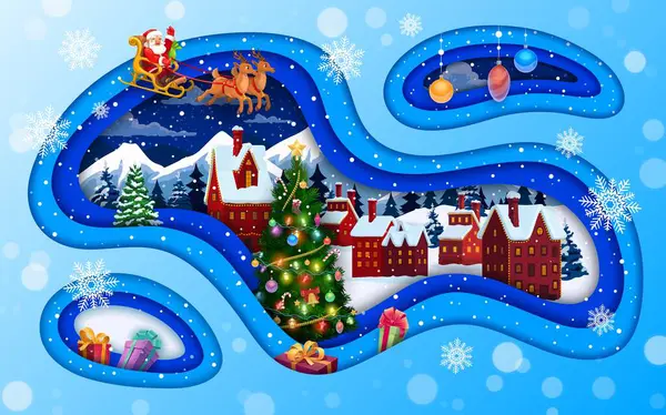 Christmas Paper Cut Santa Sleigh Flying Winter Holiday Town Landscape — Stock Vector
