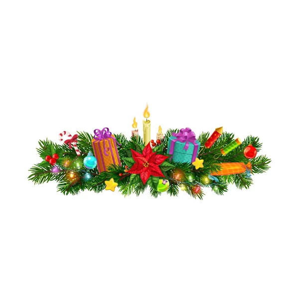 クリスマス ファイアー パイン ブランチ クリスマスのお祝い 幸せな新年またはメリーXmasのお祝いのベクターの境界 冬の休日の装飾の背景 ポインセチアの花 ギフト キャンドル — ストックベクタ
