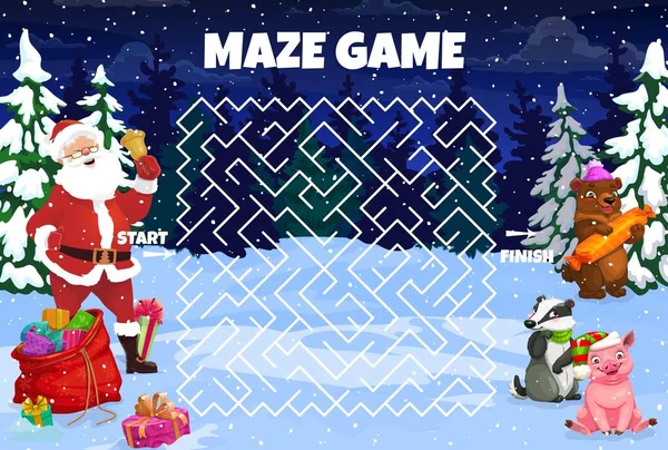 Christmas Labyrinth Maze Worksheet Kids Activities Vector Board Game Cartoon — Stock Vector