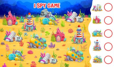 Oyun kağıtları, sualtı manzaraları, peri masalı deniz evleri, çocuklar için vektör bulmaca testi. Okyanus kabuğu kulübesi, mercan ya da batık tekne ve çömlek aynı evleri bulmak ve eşleştirmek için deniz altı oyunlarında kullanılıyor.