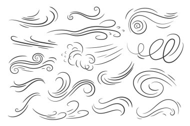 Doodle hava rüzgarı hareketleri. Soyut girdaplar, esinti dalgaları, siyah renklerdeki eğriler hareketin ve enerjinin dinamik özünü oyuncu ve sanatsal bir şekilde yakalıyor.