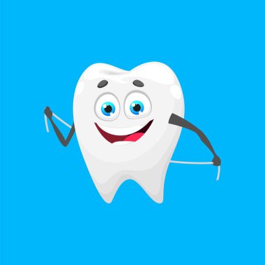 Diş ipli çizgi film dişleri, sağlıklı diş ve diş bakımı için mutlu ve gülümsüyor, vektör karakter. Çocuk diş hekimliği kliniği ya da diş temizliği afişi, beyaz dişler ve diş ipiyle.