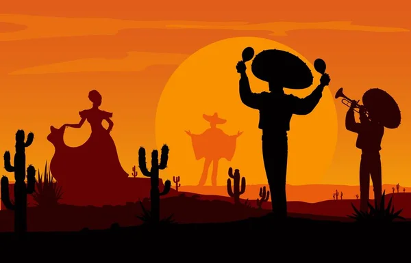 墨西哥的木偶音乐家和跳舞的女人在沙漠落日的风景中的轮廓 西部野牛背景 有仙人掌 橙色的天空和沉着的天空 — 图库矢量图片