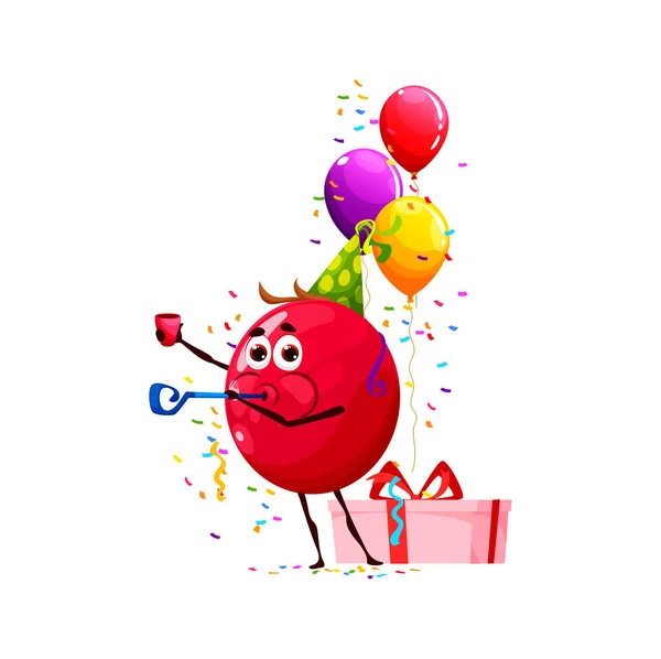 Cartoon lingonberry character, birthday holiday. Kids holiday celebration berry comical personage, children birthday party lingonberry isolated vector happy mascot with gift, whistle and balloons