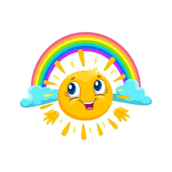 Karikatur Sommer Kawaii Sonne Charakter Mit Regenbogen Und Wolken Glücklich — Stockvektor