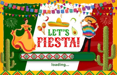 Mexican fiesta party holiday loading page. Mexico carnival of festival vector background or banner with flamenco dancer woman, mariachi musician character, papel picado garland, cactus and loading bar clipart