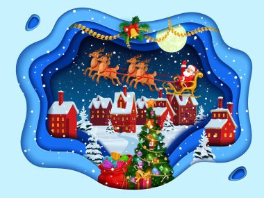 Noel gazetesi, Noel Baba posterini kızakta, kış kasabasında ve çam ağacında keser. 3 boyutlu vektör kağıt kesimi efekt kartı. Peder Noel 'le birlikte. Noel arifesinde gökyüzünde kar taneleriyle geyik kızağı sürüyor.