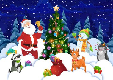 Noel kâğıdı karları ve Noel Baba 'nın yanında süslenmiş çam ağacının yanındaki tatil hayvanlarını kesiyor. Vektör tebrik kartı karikatürü. Peder Noel, çan, kardan adam, kirpi, ren geyiği ve porsuk.