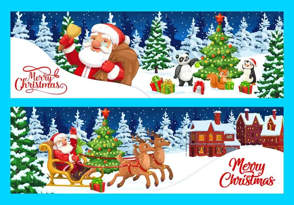 Banery Świąteczne Lub Kartki Życzeniami Wektor Kreskówek Święty Mikołaj Saniach — Wektor stockowy