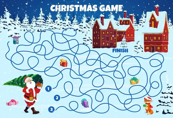 Christmas Labyrinth Maze Children Fun Recreation Kids Vector Worksheet Cartoon — Stock Vector
