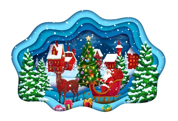 Świąteczny Baner Mikołaj Saniach Zimowym Mieście Vector Papier Warstwowe Faliste — Wektor stockowy