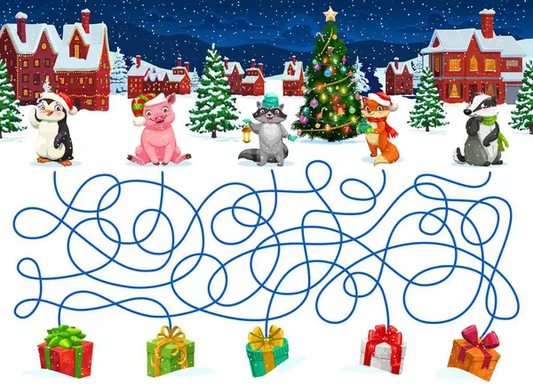 Christmas Labyrinth Maze Help Funny Animals Find Gifts Kids Vector — Stock Vector