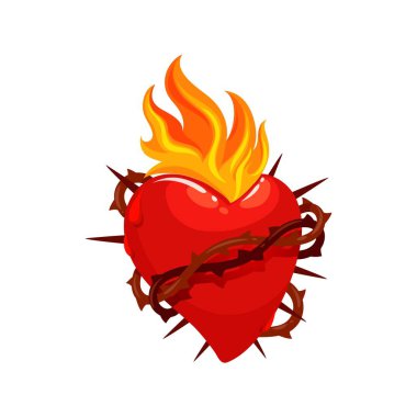 Meksika kutsal kalp dövmesi ve Meksika kültürünün ve din sanatının sembolü, vektör ikonu. Dikenli kutsal kalp ve yanan ateş, Corazon Milagro Meksika dini simgesi İsa ve Tanrı 'nın sevgisi
