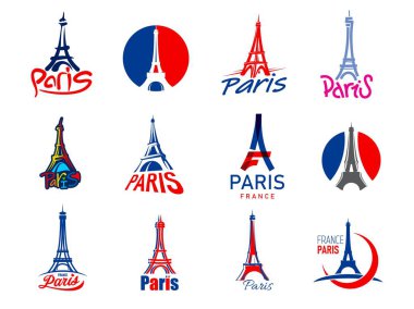 Paris Eyfel kulesi simgeleri, Fransa bayrağı ve seyahat işaretleri, vektör rozetleri. Fransa ve Paris Eyfel Kulesi 'nin yaratıcı sanat sembolleri Fransız modası veya tişört baskısı için siluet çizgisinde.