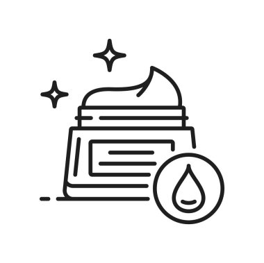 Kozmetik krem kavanozu ikonu, yüz bakımı nemlendiricisi, su damlası, çizgi vektörü. Cilt bakımı ve güzellik, yüz, el ve vücut merhemi tenceresi veya su damlası ikonlu nemlendirici yüz kremi kabı