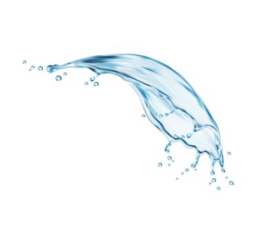 Transparent water wave splash of liquid flow swirl with splatters, realistic isolated vector. Cold pure water or drink pour swirl with flow wave of explosion with drops and fizzy water droplets clipart