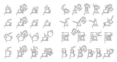 Çay ve kahve demlemek, hazırlık talimatları vermek ve vektör ikonlarını demlemek. Çay ve kahve demleme ikonları sıcak su bardağı veya çaydanlıklı çay poşeti ve demlik sıcaklığı veya demlenme zamanı
