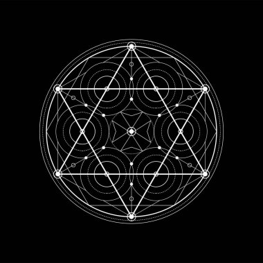 Kutsal geometri, simya sihirli sembolü. Meditasyon manevi pentagram. İlluminati, yoga ve din gizemi, masonik mistik ana hat vektör dövmesi, okült ve ruhani geometrik süs deseni