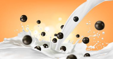 Milk splash with chocolate balls. Vector promo background with velvety creamy liquid enveloping crunchy cereal balls, a symphony of flavors and textures. An indulgent treat that awakens the senses clipart