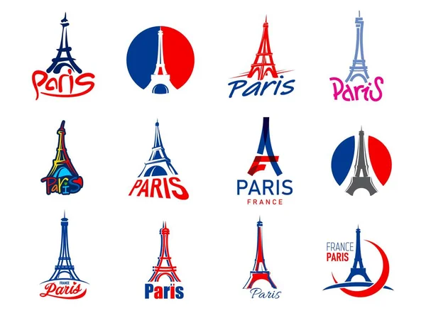 Parijs Eiffeltoren Pictogrammen Met Frankrijk Vlag Reizen Oriëntatiepunten Vector Badges — Stockvector