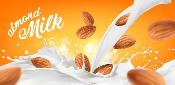 Almond Milk Flow Splash Nuts Vector Promo Banner White Creamy — Stock Vector