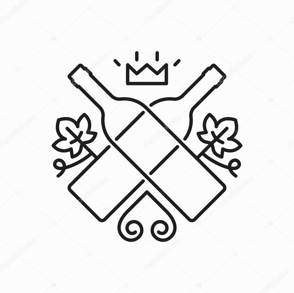 Crossed wine bottles, crown and grape leaves outline decor and ornament isolated vine label thin line icon. Vector alcohol drink winery product emblem