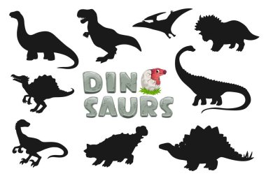 Dinozor çizgi filmlerindeki komik karakterler siluetleri. Tarbosaurus, Brontosaurus, Triceratops ve Pterodactyl, Pteranodon, Spinosaurus, Ankylosaurus ve Stegosaurus soyu tükenmiş sürüngenler, şirin dinozor siluetleri.