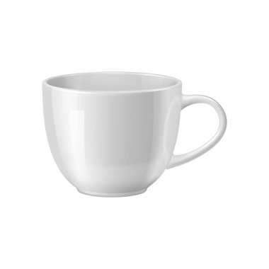 Seramik kahve fincanı ve çay fincanı, gerçekçi sofra takımı modeli, beyaz parlak kaplama, ergonomik saplı ve kişiselleştirilebilir seçenekler. Marka ve kimlik gösterimi için izole edilmiş 3d vektör çanak çömleği