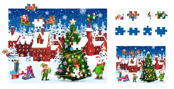 Jeu Puzzle Pièces Noël Paysage Ville Enneigée Feuille Calcul Vectorielle — Image vectorielle
