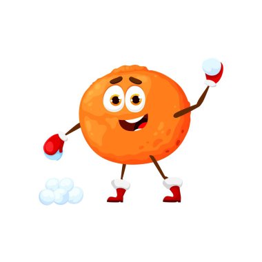 Noel turuncu karakteri kartopu oynuyor, Noel tatili meyveli kişiliği. Noel Baba 'yla mutlu turuncu, kırmızı eldivenler kartopu atıyor. Noel etkinliklerinin komik tropikal meyve emojisi