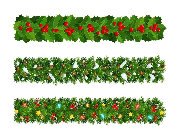 圣诞冷杉框架边 孤立的病媒郁郁葱葱的绿枝装饰着节日的花环 糖果手杖 圣莓叶和浆果 雪或松果 现实的3D假日装饰 — 图库矢量图片