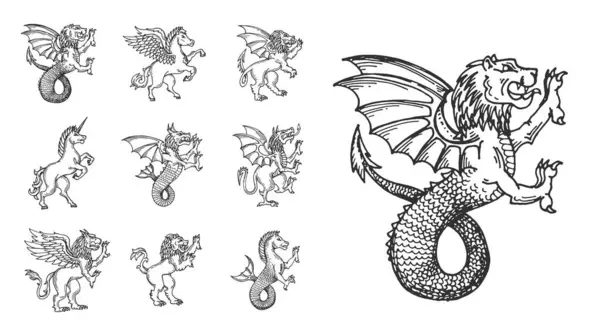 Ortaçağ Kraliyet Hayvanlarının Çizimleri Aslan Tek Boynuzlu Veya Pegasus Ejderha — Stok Vektör