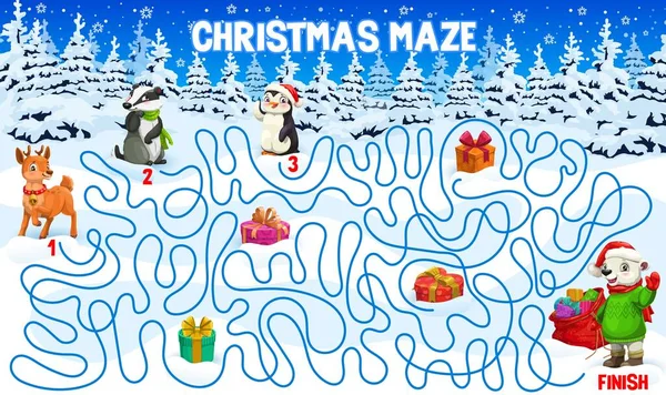 Christmas Labyrinth Maze Help Cartoon Animals Find Friend Gifts Kids — Stock Vector