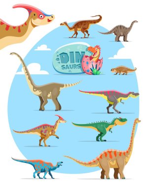 Karikatür dinozorları komik karakterler. Plateosaurus, Vulcanodon, Hyperodapedon ve Omeisaurus Tarbosaurus, Parasaurolophus ve Allosaurus, Iguanodon, Brachiosaurus dinozorları çocuksu karakterler.