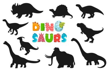 Cartoon dinosaur characters silhouettes. Centrosaurus, Dimetrodon, Iguanodon and Plateosaurus, Parasaurolophus, Tarbosaurus funny dinosaurs, extinct reptile or lizard vector personages silhouettes clipart