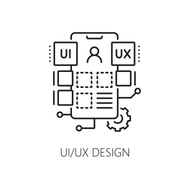 UI ve UX tasarımı, web uygulaması yazılım programlama için geliştirme ve optimizasyon simgesi, satır vektörü. Mobil uygulama kullanıcı arayüzü geliştirme ve dijital mühendislik simgesi için web uygulama oluşturma araçları
