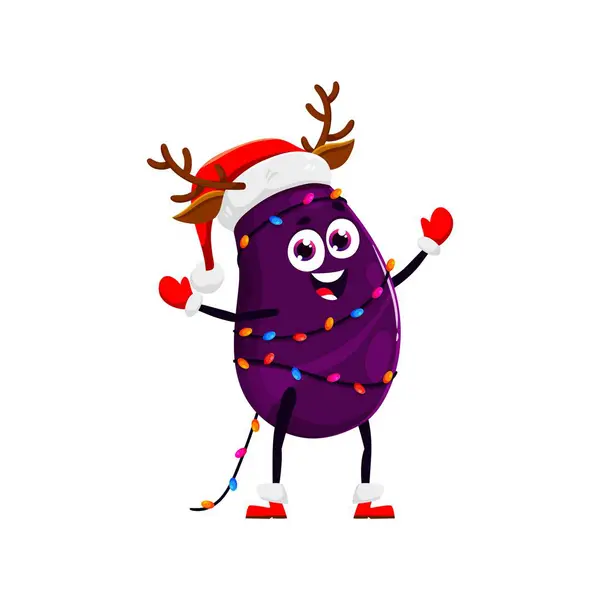 サンタの帽子とトナカイのアントラーの漫画クリスマスナス 冬の休日のためのベクター野菜のキャラクター 新年の休日の絵文字のためのクリスマスのトナカイの衣装におかしいナスやアキュベリン — ストックベクタ