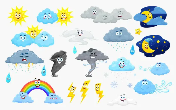 Cartoon Weather Characters Cute Cloud Sun Rain Vector Rainbow Wind — Stock Vector