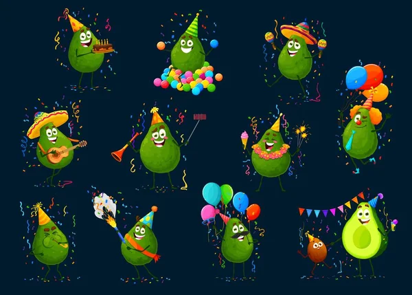 Cartoon Avocado Personages Vakantie Party Set Vrolijke Vector Vrolijke Vruchten — Stockvector