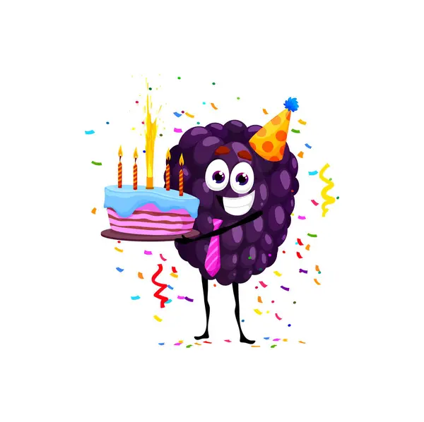 Cartoon blackberry character, birthday holiday. Kids holiday celebration ripe berry cute mascot, child birthday party or event blackberry isolated vector funny personage with cake