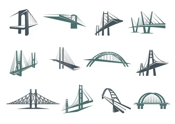stock vector Bridge icons, vector city constructions of suspension, tied arch and cable stayed road bridges with towers, stone and metal girders. Urban architecture, bridge building and transportation symbols