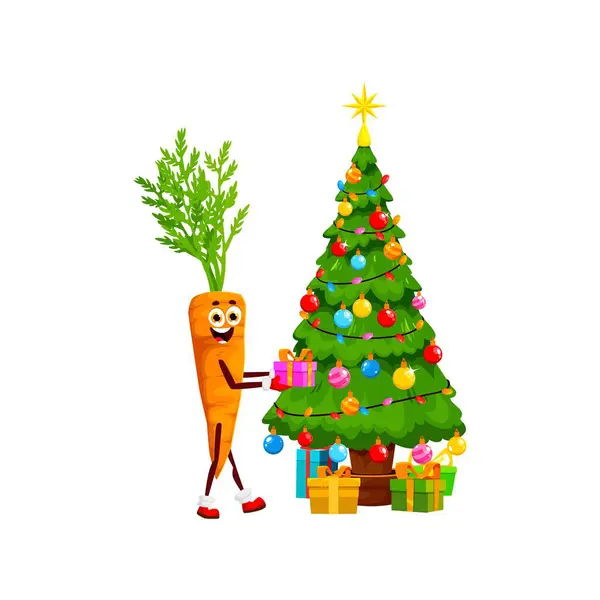 Cartoon Christmas Carrot Gifts Christmas Tree Vector Vegetable Character Winter — Stock Vector